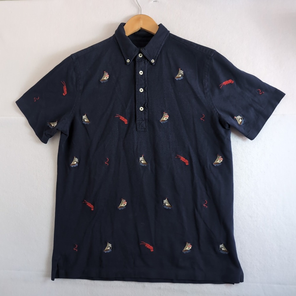 Ralph Lauren Mens Knit Oxford Shirt Navy Blue Sailboat Lobster Embroidered M
